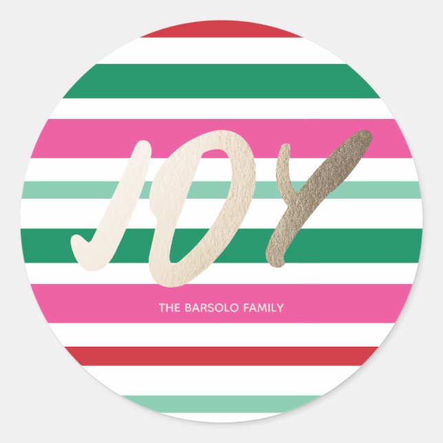 Colourful Stripes Christmas Gold Foil JOY  Classic Round Sticker (Front)