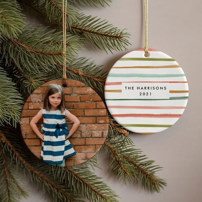 Colourful Stripes Custom Photo Ceramic Ornament (Watercolor colorful stripes photo family name and year ornament)