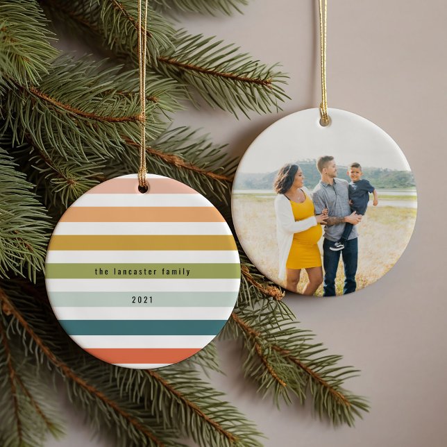 Colourful Stripes Custom Photo Ceramic Ornament (Colorful stripes family name, year, and photo ornament.)