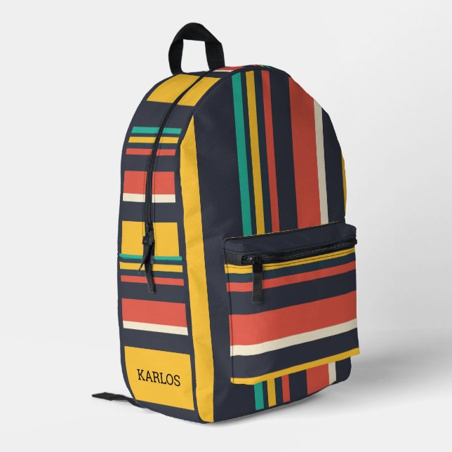 Colourful stripes geometric pattern monogram printed backpack (Back Corner Left)