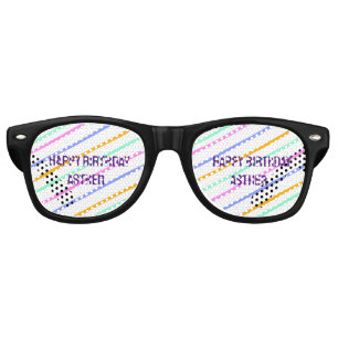 Colourful stripes happy birthday add name chevron retro sunglasses
