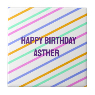 Colourful stripes happy birthday add name chevron tile