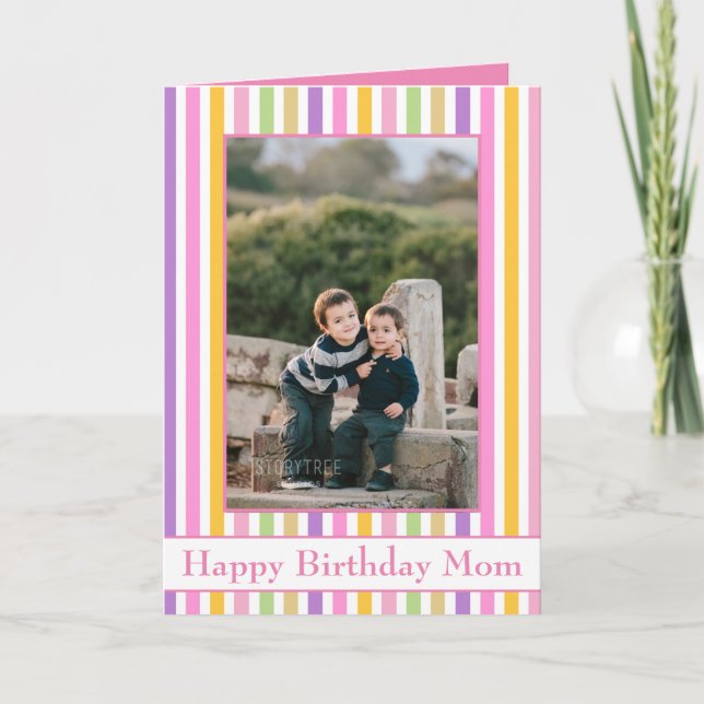 Colourful Stripes Happy Birthday Mom Card (Front)