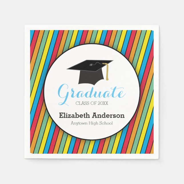 Colourful Stripes & Hat Personalized Graduation Napkin (Front)