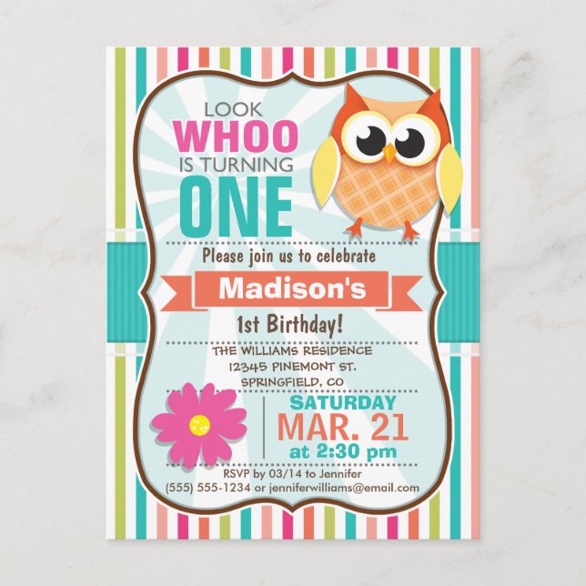Colourful Stripes Owl Birthday Party Invitation Postcard (Front)