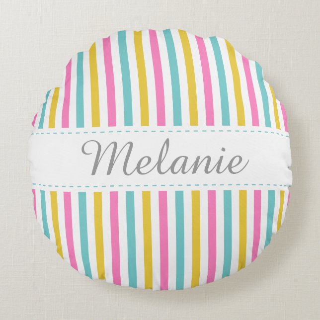 Colourful Stripes Pattern Custom Name Round Pillow (Front)