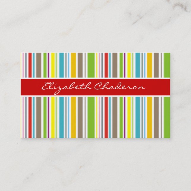 Colourful stripes pattern red band feminine business card (Front)