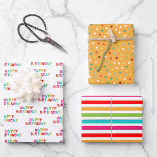 Colourful stripes polka dots Happy Birthday  Wrapping Paper Sheet