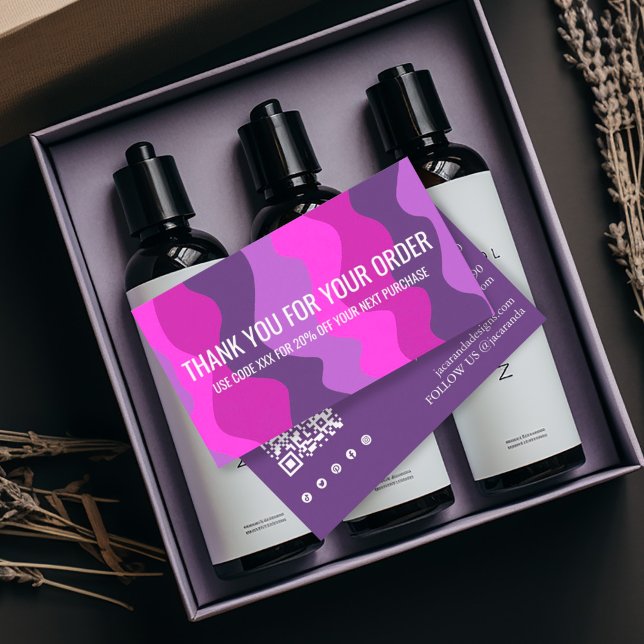 Colourful Stripes QR Code Social Media THANK YOU Business Card (Pink purple waves stripes custom thank you discount business card with QR code & social media icons)