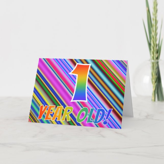 Colourful Stripes + Rainbow Pattern "1 year old!" Card (Front)