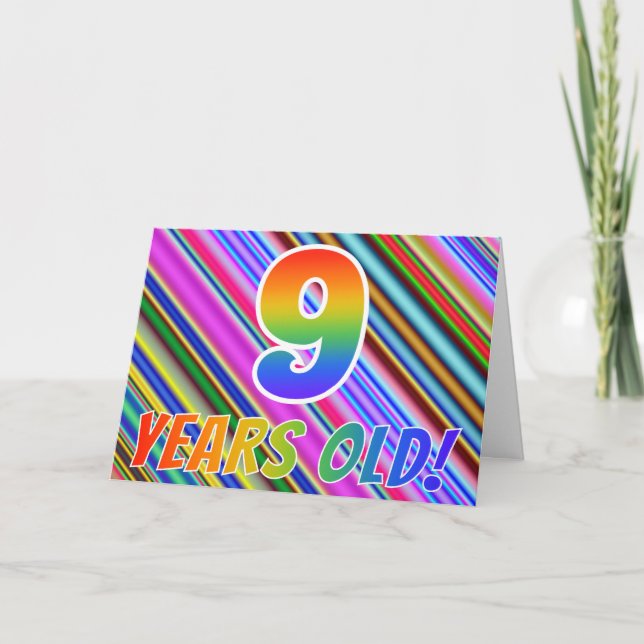 Colourful Stripes + Rainbow Pattern "9 years old!" Card (Front)