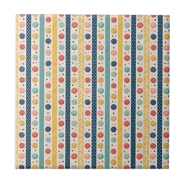 Colourful Stripes & Textured Polka Dots Pattern Tile (Front)