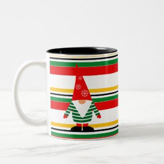 Colourful Stripes with Cute Gnome Christmas Two-Tone Coffee Mug