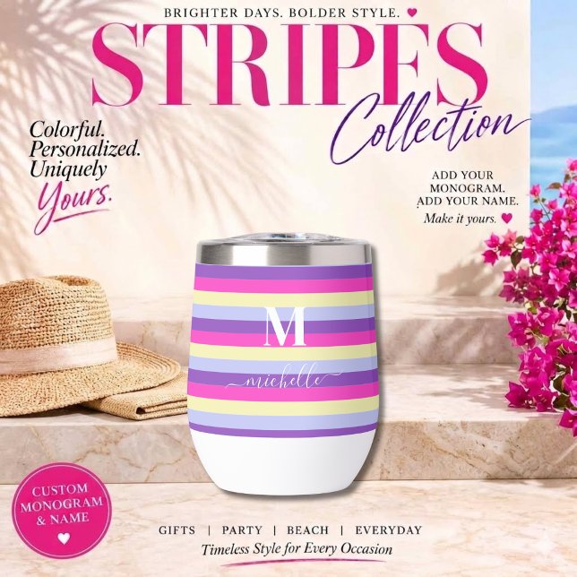 Colourful Stripes with Monogram Script (Colorful Stripes Collection -Monogram and Script-Purple Pink Yellow and Blue)