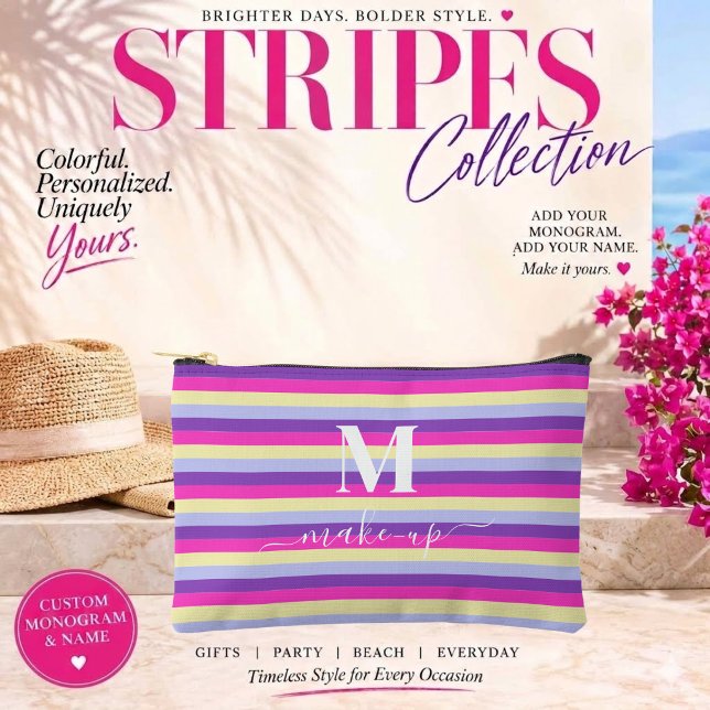 Colourful Stripes with Monogram Script Accessory Pouch (Colorful Stripes Collection -Monogram and Script-Purple Pink Yellow and Blue)