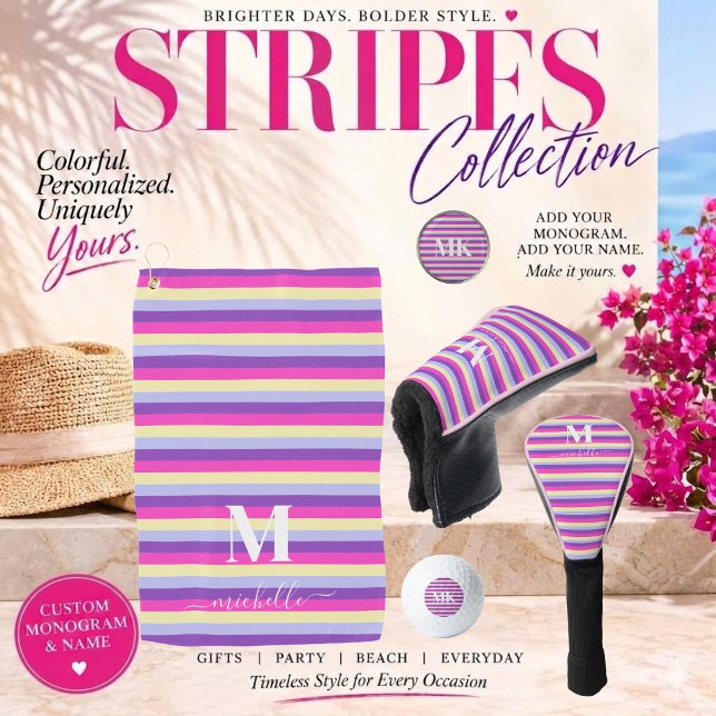 Colourful Stripes with Monogram Script Golf Head Cover (stripes collection purple pink yellow and blue monogram and script golf )
