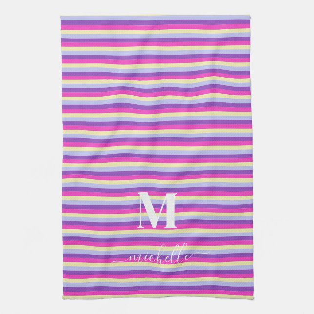 Colourful Stripes with Monogram Script  Kitchen Towel (Vertical)