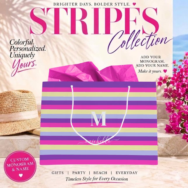 Colourful Stripes with Monogram Script  Large Gift Bag (Colorful Stripes Collection -Monogram and Script-Purple Pink Yellow and Blue)