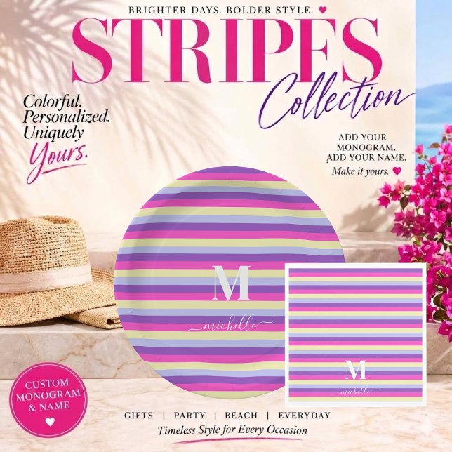 Colourful Stripes with Monogram Script  Paper Plate (Colorful Stripes Collection -Monogram and Script-Purple Pink Yellow and Blue)