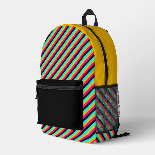 Colourful stripes with solid black and mustard printed backpack (Back Corner Right)