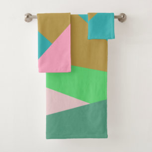 Colourful Stylish Pink and Green Geometric Pattern Bath Towel Set