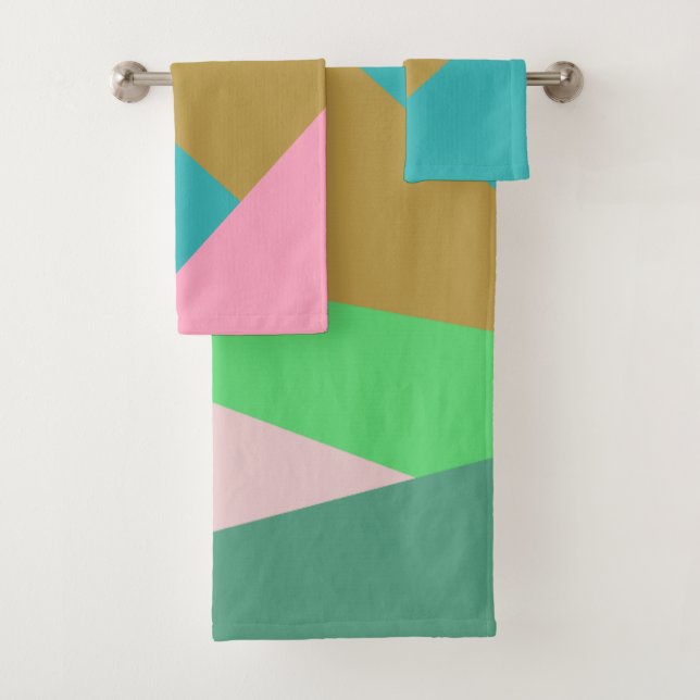 Colourful Stylish Pink and Green Geometric Pattern Bath Towel Set (Insitu)