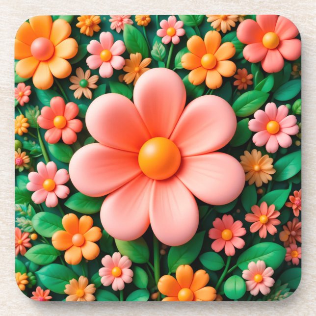 Colourful, stylized 3d flowers coaster (Front)