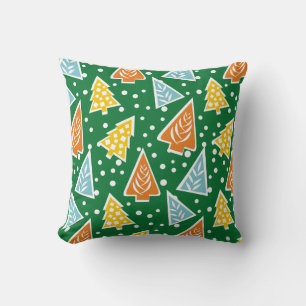 Colourful stylized Christmas trees green pattern Throw Pillow