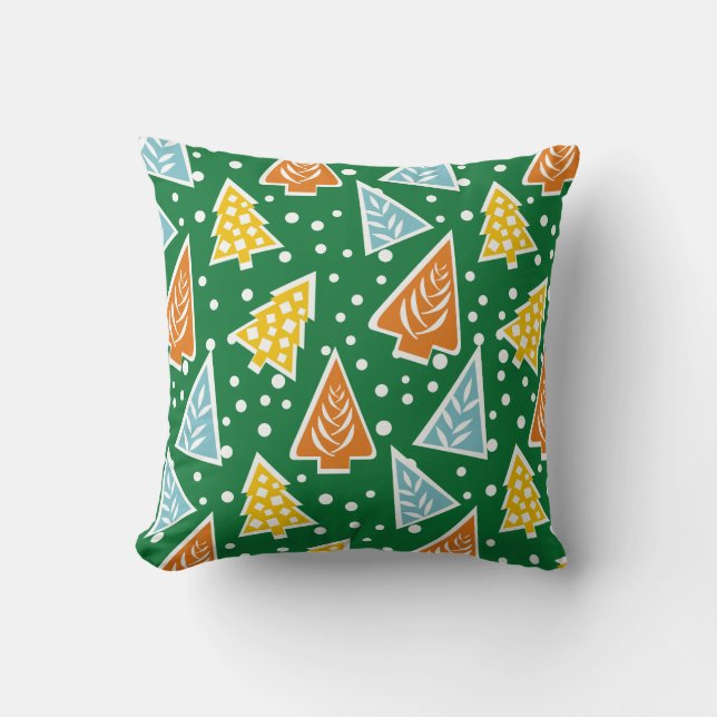 Colourful stylized Christmas trees green pattern Throw Pillow (Front)