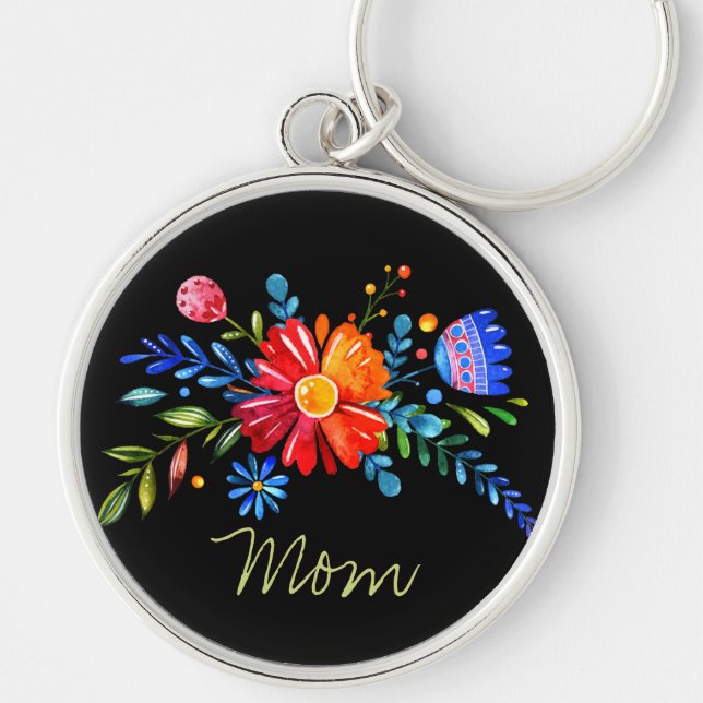 Colourful Stylized Flowers  with Mom Keychain (Front)