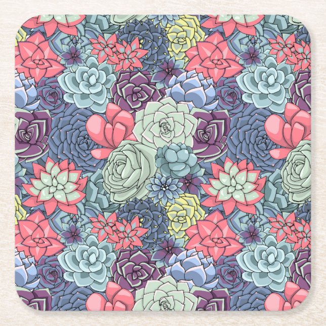 Colourful Succulent Pattern Square Paper Coaster (Front)