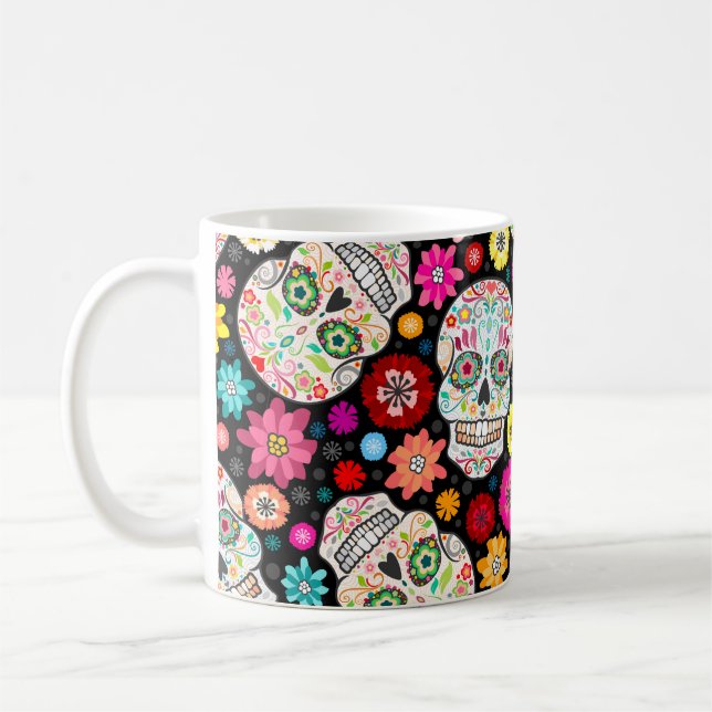 Colourful Sugar Skull and Flower Fiesta Black Mug (Left)