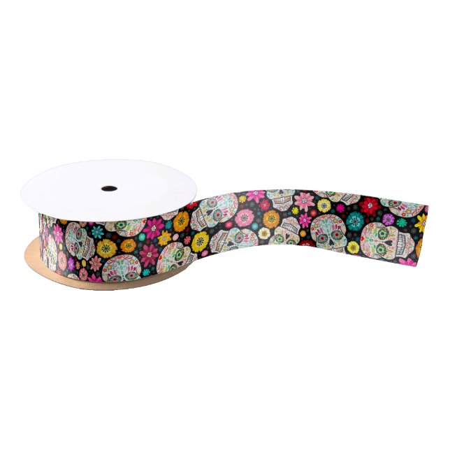 Colourful Sugar Skull and Flower Fiesta on Black Satin Ribbon (Spool)