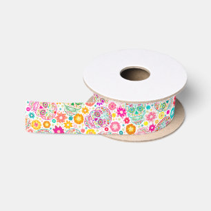 Colourful Sugar Skull and Flower Fiesta on White Satin Ribbon