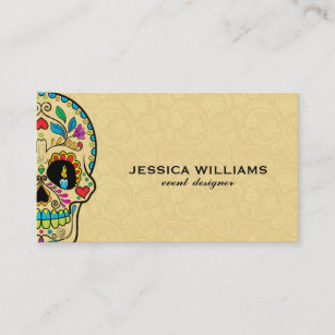 Colourful Sugar Skull & Beige Paisley Business Card