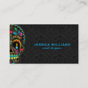 Colourful Sugar Skull & Black Paisley Business Card