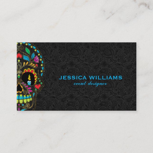 Colourful Sugar Skull & Black Paisley Business Card (Front)