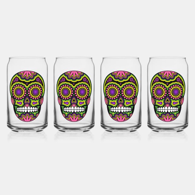 Colourful Sugar Skull Can Glass (Front)