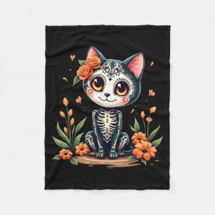 Colourful Sugar Skull Cat Mexican Halloween Fleece Blanket