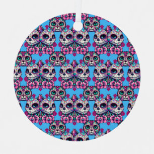 Colourful Sugar Skull Cat Pattern Metal Ornament