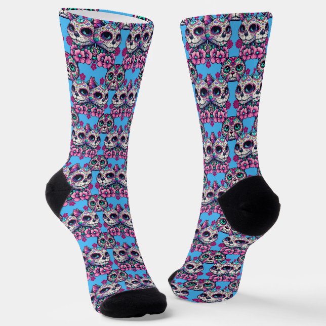 Colourful Sugar Skull Cat Pattern Socks (Angled)