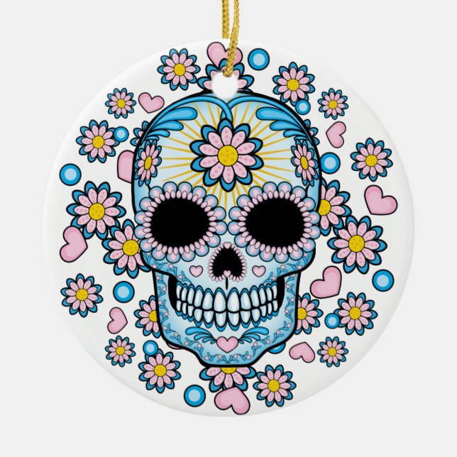 Colourful Sugar Skull Ceramic Ornament (Front)