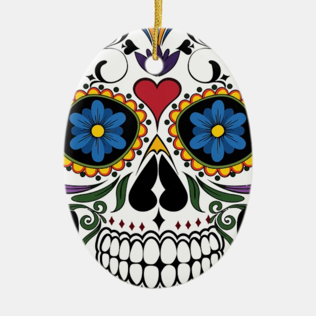 Colourful Sugar Skull Ceramic Ornament (Front)