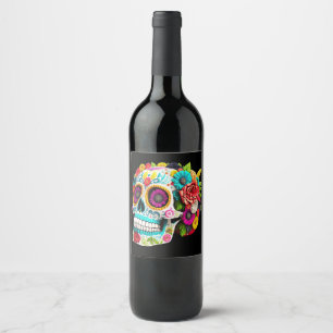 Colourful Sugar Skull Day of the Dead Calaveras Wine Label