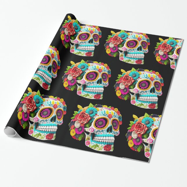 Colourful Sugar Skull Day of the Dead Calaveras Wrapping Paper (Unrolled)