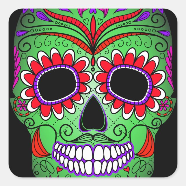 Colourful Sugar Skull Day of the Dead Square Sticker (Front)