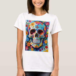 Colourful Sugar Skull Floral Art T-Shirt