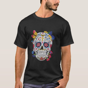 Colourful Sugar Skull Floral Butterfly Dia de Los T-Shirt