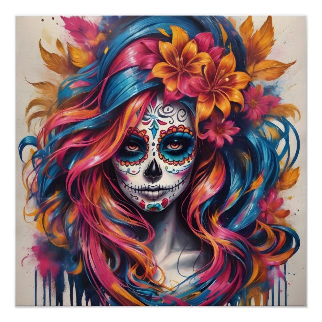 Colourful Sugar Skull no ca Glossy Poster (Front)