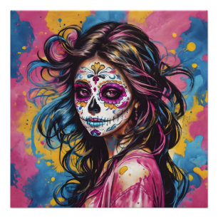 Colourful Sugar Skull no cf Glossy Poster